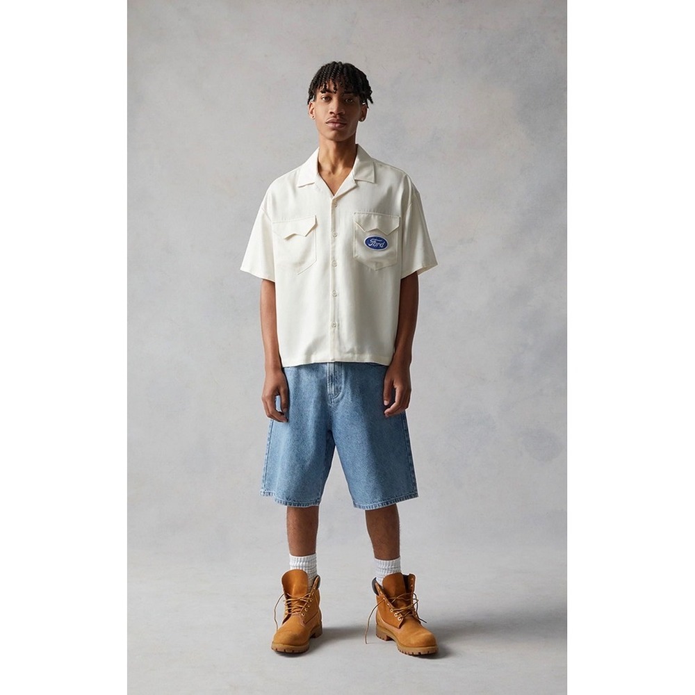 Ford x PacSun Men's 36 Baggy Denim Shorts Light Wash Logo Patch Y2K Jorts